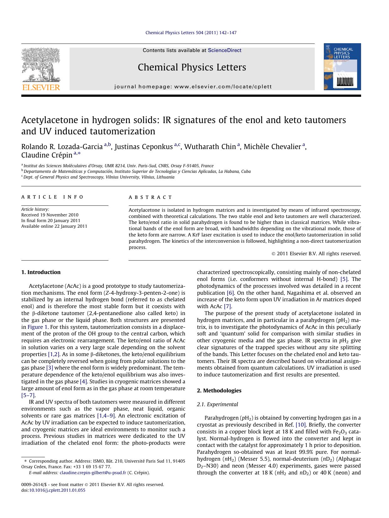Acetylacetone in hydrogen solids: IR signatures of the enol and keto tautomers and UV induced tautomerization by unknow