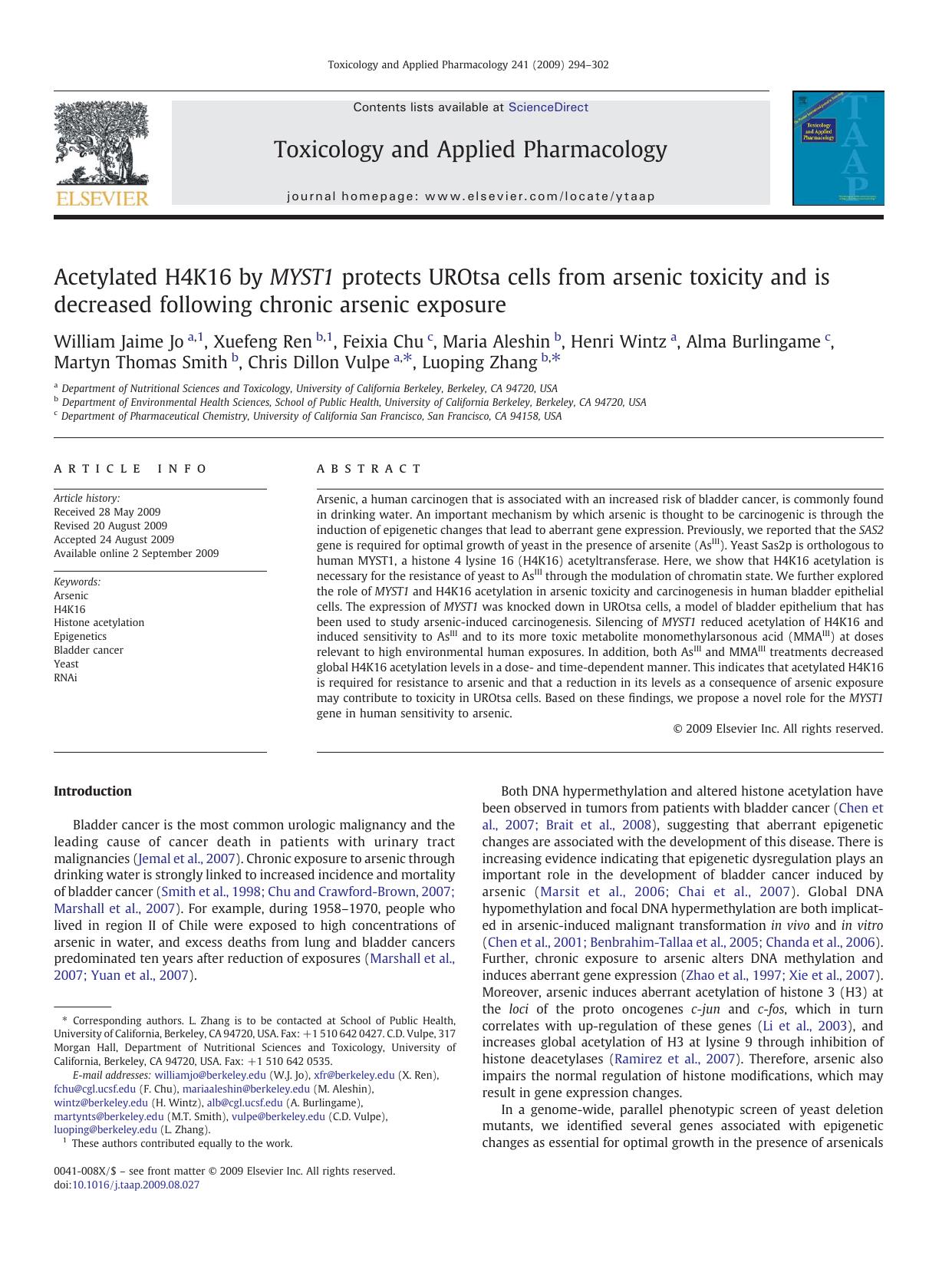 Acetylated H4K16 by MYST1 protects UROtsa cells from arsenic toxicity and is decreased following chronic arsenic exposure by unknow