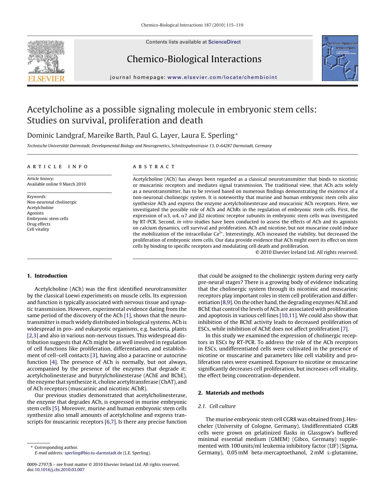 Acetylcholine as a possible signaling molecule in embryonic stem cells: Studies on survival, proliferation and death by Dominic Landgraf
