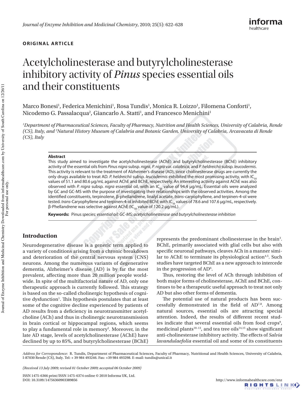 Acetylcholinesterase and butyrylcholinesterase inhibitory activity of Pinus species essential oils and their constituents by unknow