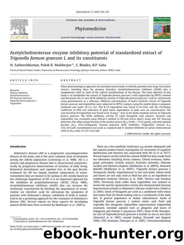 Acetylcholinesterase enzyme inhibitory potential of standardized extract of Trigonella foenum graecum L and its constituents by N. SatheeshKumar; Pulok K. Mukherjee; S. Bhadra; B.P. Saha