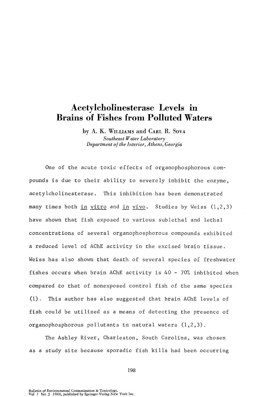Acetylcholinesterase levels in brains of fishes from polluted waters by Unknown