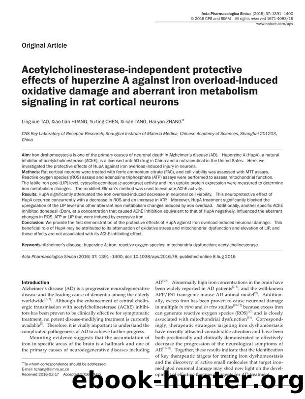 Acetylcholinesterase-independent protective effects of huperzine A against iron overload-induced oxidative damage and aberrant iron metabolism signaling in rat cortical neurons by Ling-xue Tao & Xiao-tian Huang & Yu-ting Chen & Xi-can Tang & Hai-yan Zhang