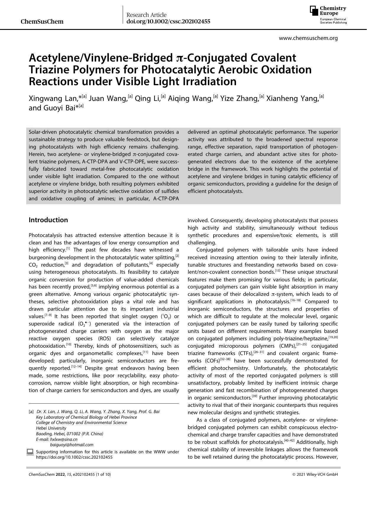 AcetyleneVinyleneâBridged ÏâConjugated Covalent Triazine Polymers for Photocatalytic Aerobic Oxidation Reactions under Visible Light Irradiation by Unknown