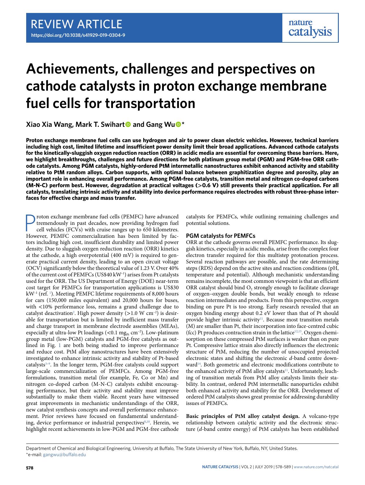 Achievements, challenges and perspectives on cathode catalysts in proton exchange membrane fuel cells for transportation by Xiao Xia Wang & Mark T. Swihart & Gang Wu