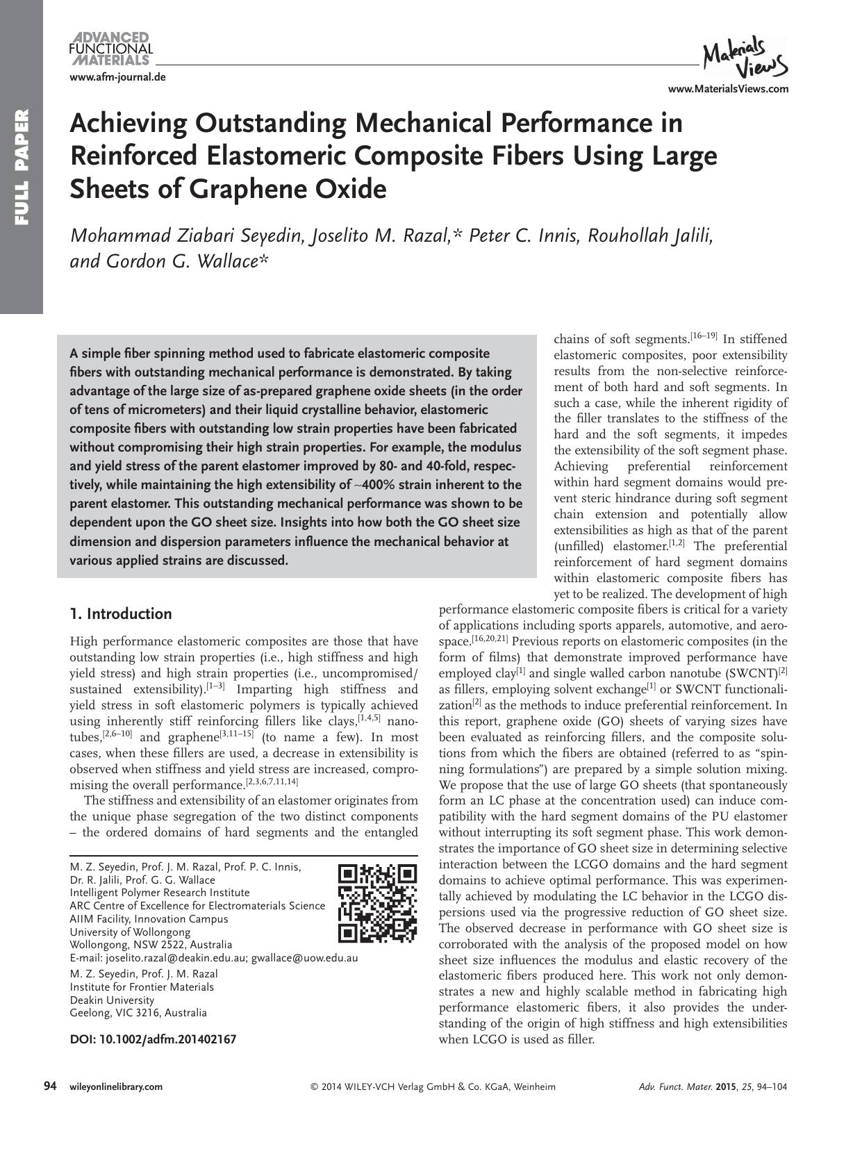 Achieving Outstanding Mechanical Performance in Reinforced Elastomeric Composite Fibers Using Large Sheets of Graphene Oxide by Unknown