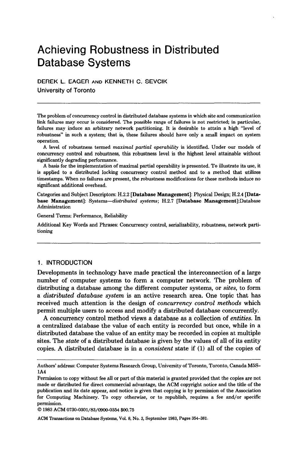 Achieving Robustness in Distributed Database Systems by Unknown