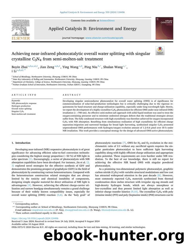 Achieving near-infrared photocatalytic overall water splitting with singular crystalline C3N4 from semi-molten-salt treatment by Boyin Zhai & Jian Zeng & Ying Wang & Ping Niu & Shulan Wang & Li Li