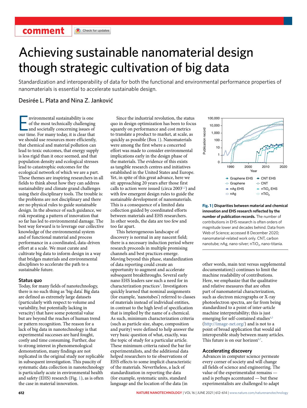 Achieving sustainable nanomaterial design though strategic cultivation of big data by Desirée L. Plata & Nina Z. Janković
