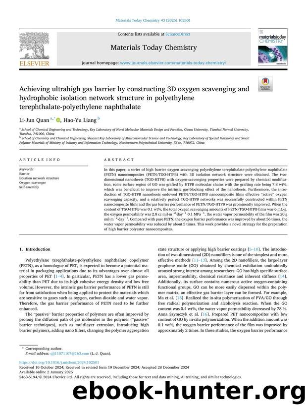 Achieving ultrahigh gas barrier by constructing 3D oxygen scavenging and hydrophobic isolation network structure in polyethylene terephthalate-polyethylene naphthalate by Li-Jun Quan & Hao-Yu Liang