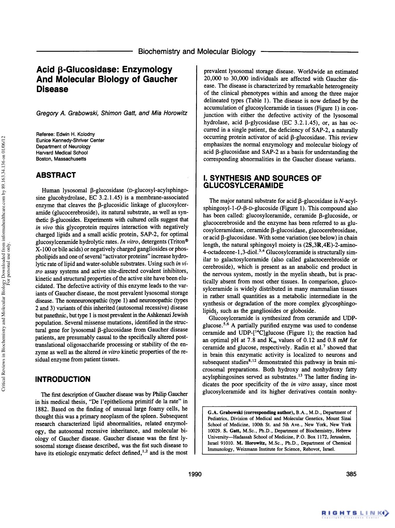 Acid Î²-Glucosidase: Enzymology and Molecular Biology of Gaucher Diseas by Gregory A. Grabowski Shimon Gaft Mia Horowitz & Edwin H. Kolodny