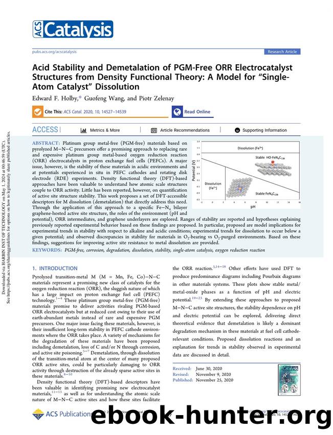 Acid Stability and Demetalation of PGM-Free ORR Electrocatalyst Structures from Density Functional Theory: A Model for âSingle-Atom Catalystâ Dissolution by Edward F. Holby Guofeng Wang & Piotr Zelenay
