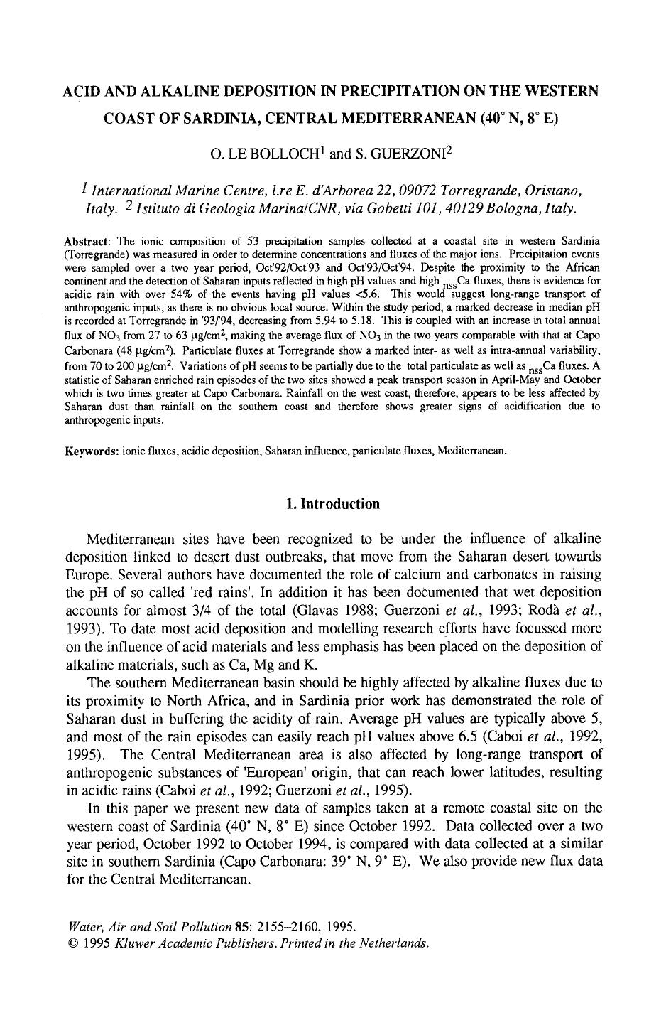 Acid and alkaline deposition in precipitation on the Western coast of Sardinia, Central Mediterranean (40&#x00B0; N, 8&#x00B0; E) by Unknown