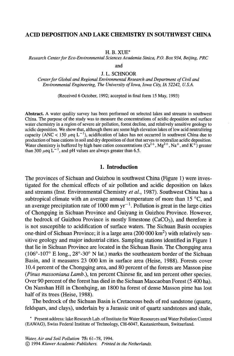 Acid deposition and lake chemistry in southwest China by Unknown