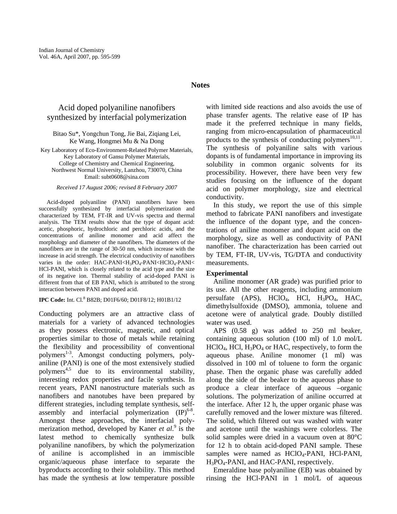 Acid doped polyaniline nanofibers synthesized by interfacial polymerization by dk