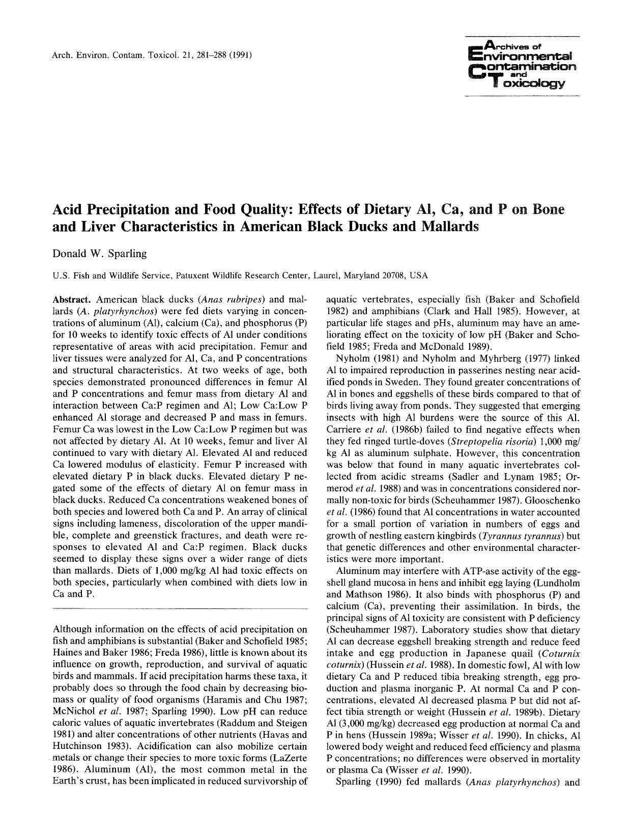 Acid precipitation and food quality: Effects of dietary Al, Ca, and P on bone and liver characteristics in American black ducks and mallards by Unknown