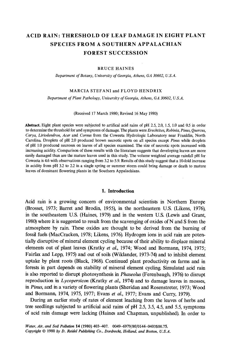Acid rain: Threshold of leaf damage in eight plant species from a Southern Appalachian forest succession by Unknown