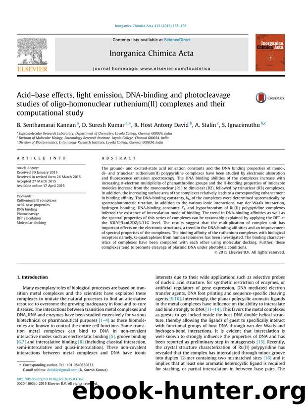 AcidÃ¢â¬âbase effects, light emission, DNA-binding and photocleavage studies of oligo-homonuclear ruthenium(II) complexes and their computational study by B. Senthamarai Kannan & D. Suresh Kumar & R. Host Antony David & A. Stalin & S. Ignacimuthu
