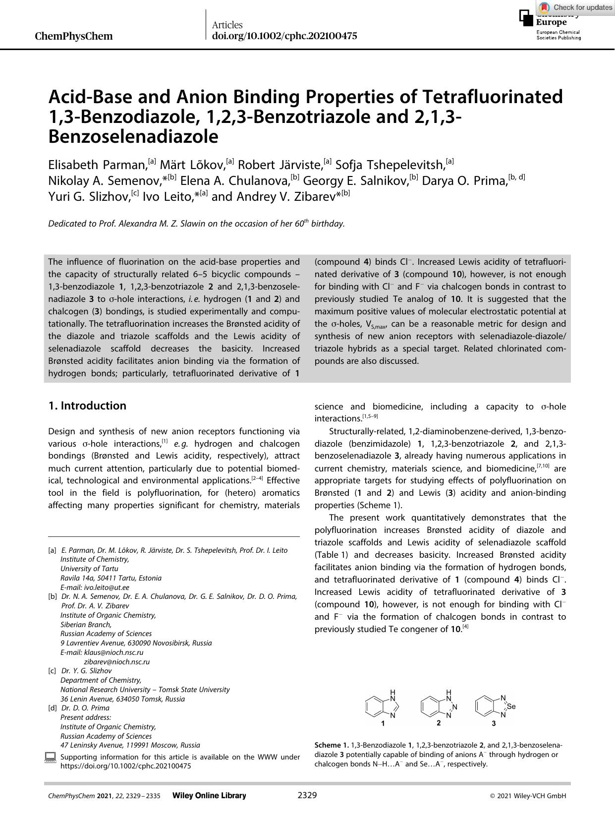 AcidâBase and Anion Binding Properties of Tetrafluorinated 1,3âBenzodiazole, 1,2,3âBenzotriazole and 2,1,3âBenzoselenadiazole by Unknown