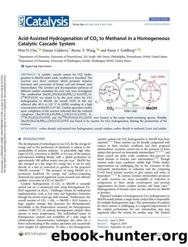 Acid-Assisted Hydrogenation of CO2 to Methanol in a Homogeneous Catalytic Cascade System by Wan-Yi Chu Zuzana Culakova Bernie T. Wang & Karen I. Goldberg
