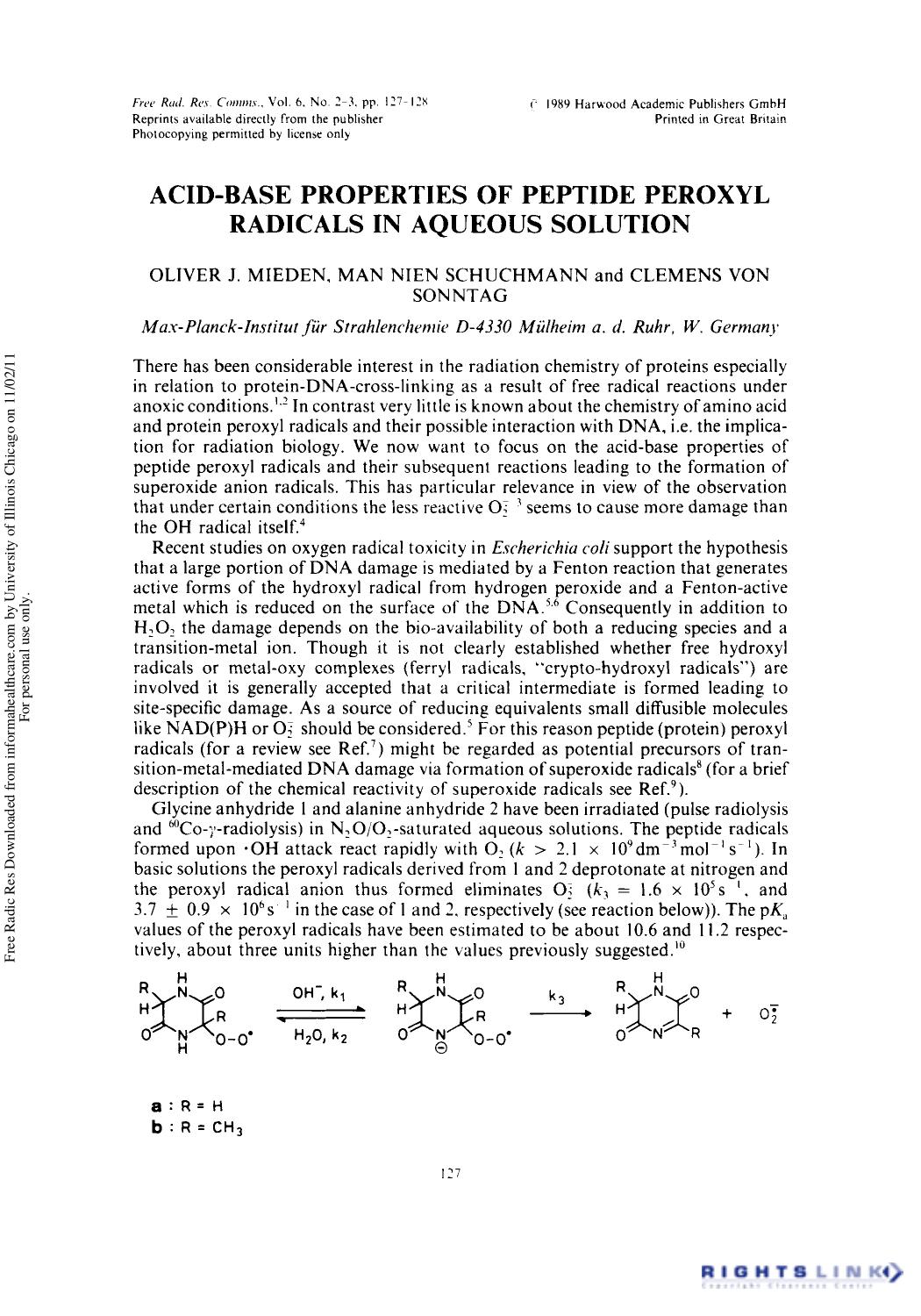 Acid-Base Properties of Peptide Peroxyl Radicals in Aqueous Solution by Oliver J. Mieden1 Man Nien Schuchmann1 & Clemens Von Sonntag1