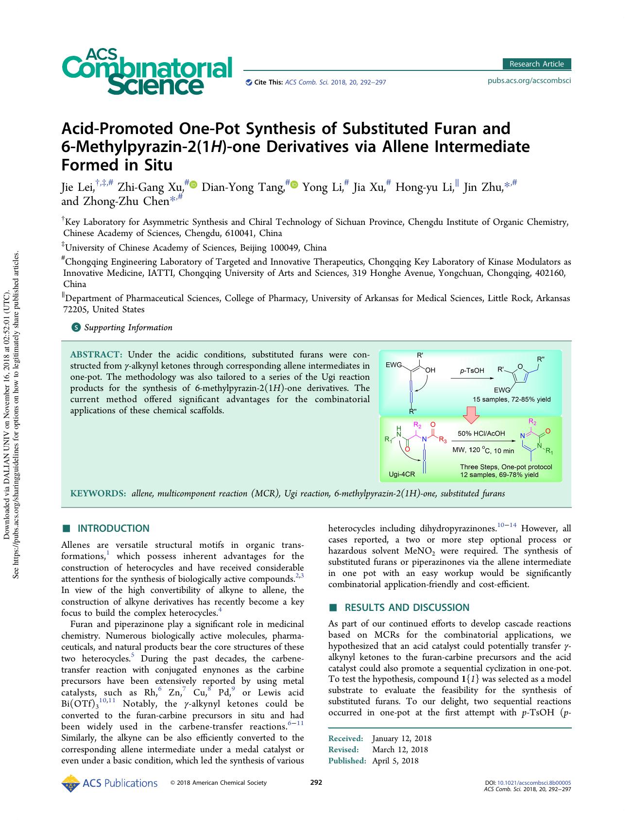 Acid-Promoted One-Pot Synthesis of Substituted Furan and 6-Methylpyrazin-2(1H)-one Derivatives via Allene Intermediate Formed in Situ by Jie Lei & Zhi-Gang Xu & Dian-Yong Tang & Yong Li & Jia Xu & Hong-yu Li & Jin Zhu & Zhong-Zhu Chen
