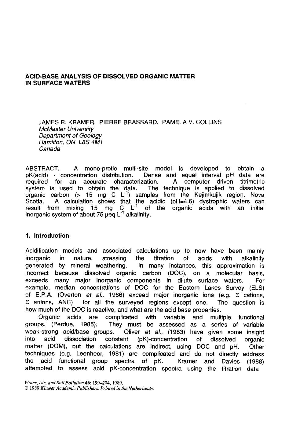 Acid-base analysis of dissolved organic matter in surface waters by Unknown