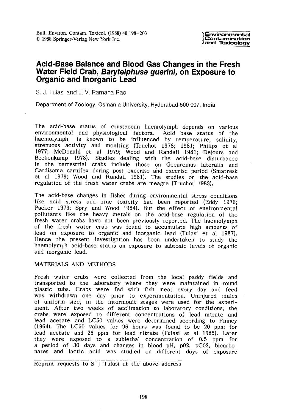 Acid-base balance and blood gas changes in the fresh water field crab, <Emphasis Type="Italic">Barytelphusa guerini <Emphasis>, on exposure to organic and inorganic lead by Unknown