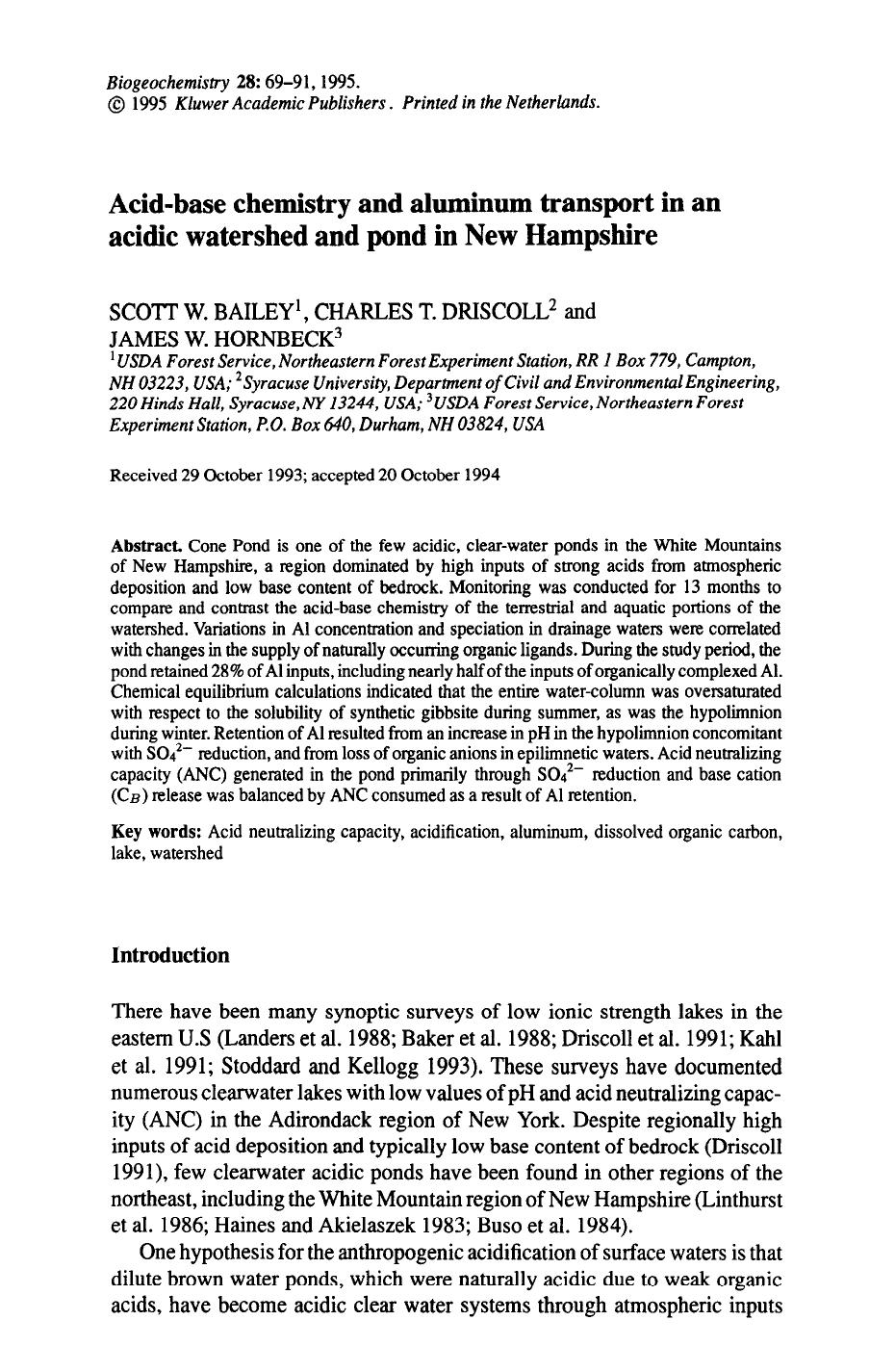 Acid-base chemistry and aluminum transport in an acidic watershed and pond in New Hampshire by Unknown