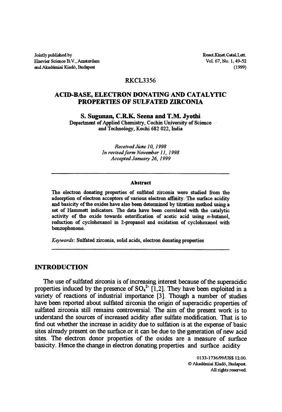 Acid-base, electron donating and catalytic properties of sulfated zirconia by Unknown