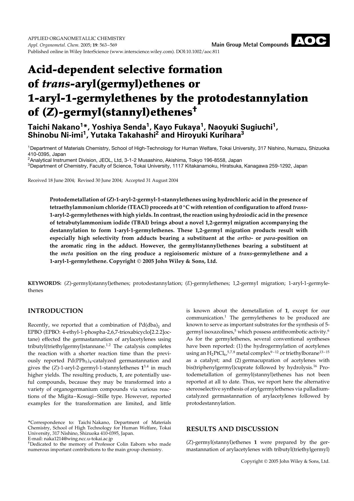 Acid-dependent selective formation of trans-aryl(germyl)ethenes or 1-aryl-1-germylethenes by the protodestannylation of (Z)-germyl(stannyl)ethenes by Unknown