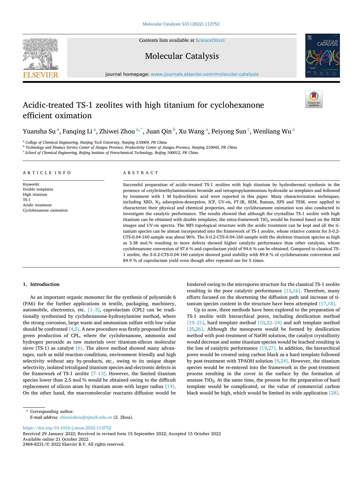 Acidic-treated TS-1 zeolites with high titanium for cyclohexanone efficient oximation by Yuansha Su & Fanqing Li & Zhiwei Zhou & Juan Qin & Xu Wang & Peiyong Sun & Wenliang Wu