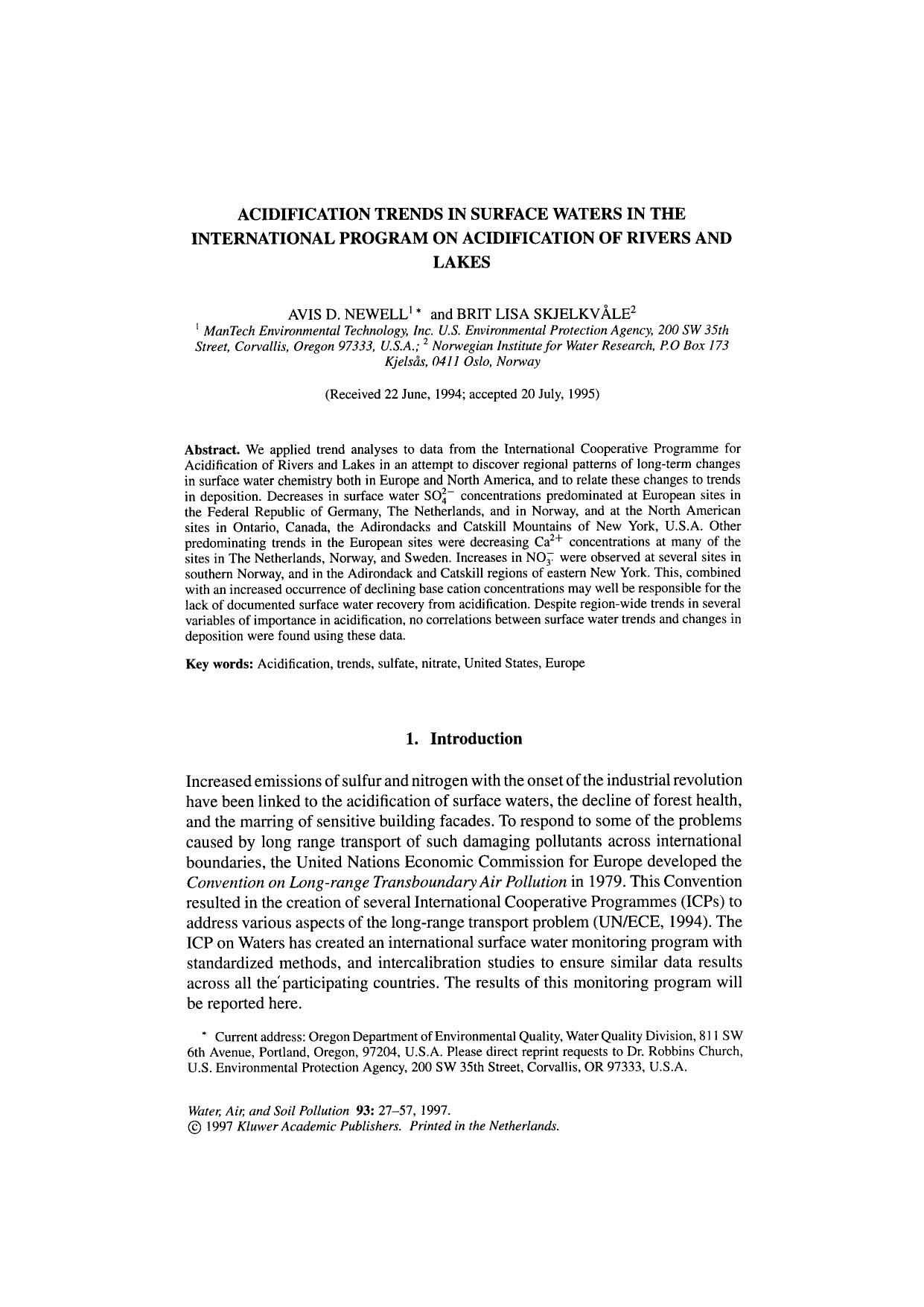 Acidification Trends in Surface Waters in the International Program on Acidification of Rivers and Lakes by Unknown