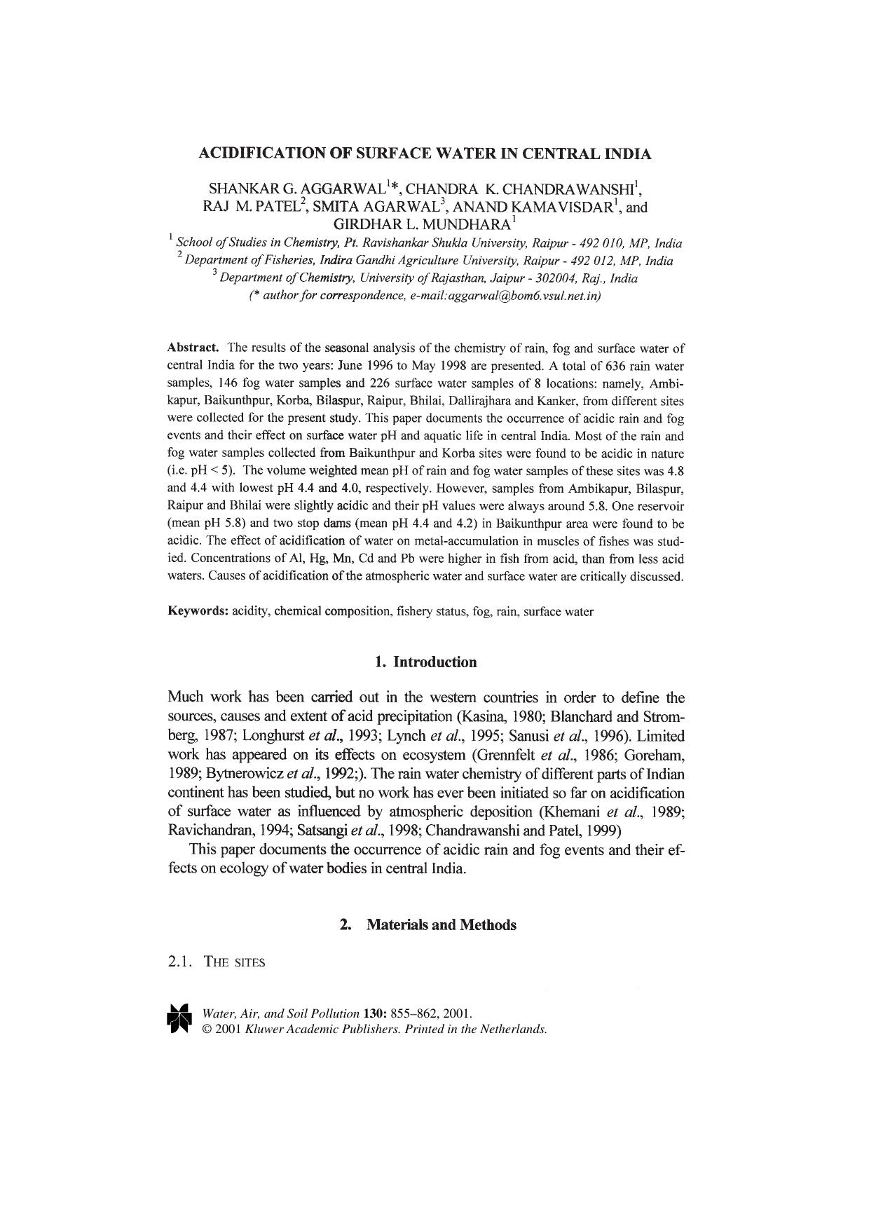 Acidification of Surface Water in Central India by Unknown