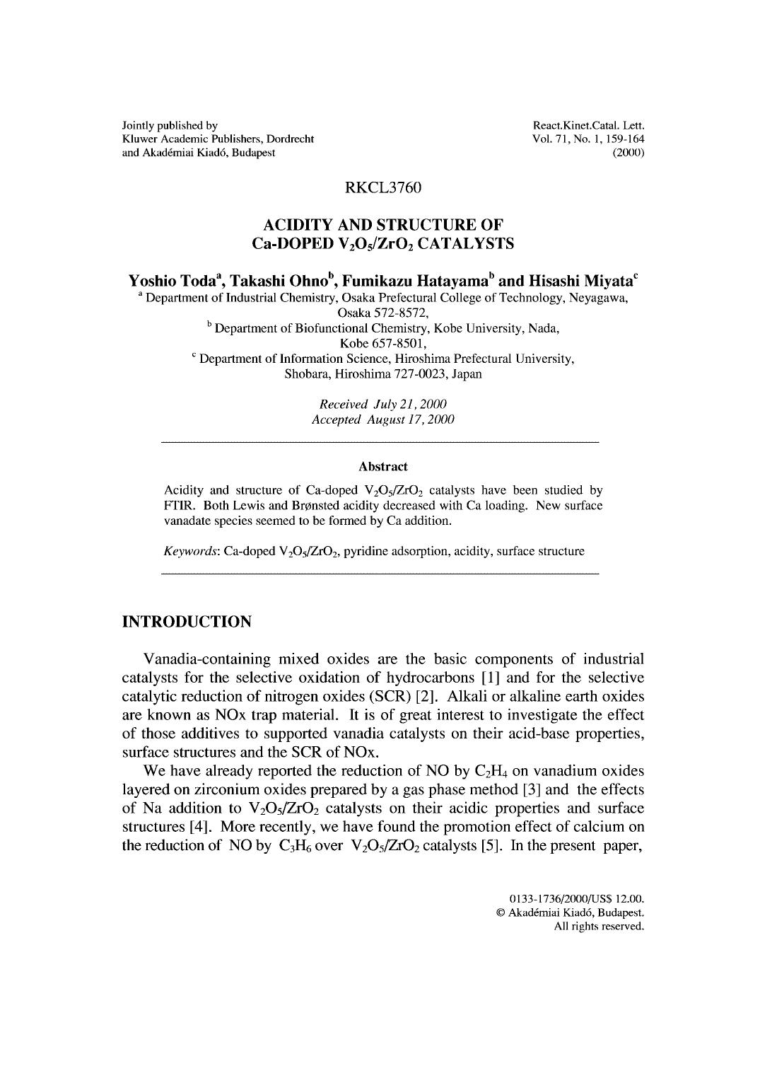 Acidity and Structure of Ca-Doped V2O5ZrO2 Catalysts by Unknown