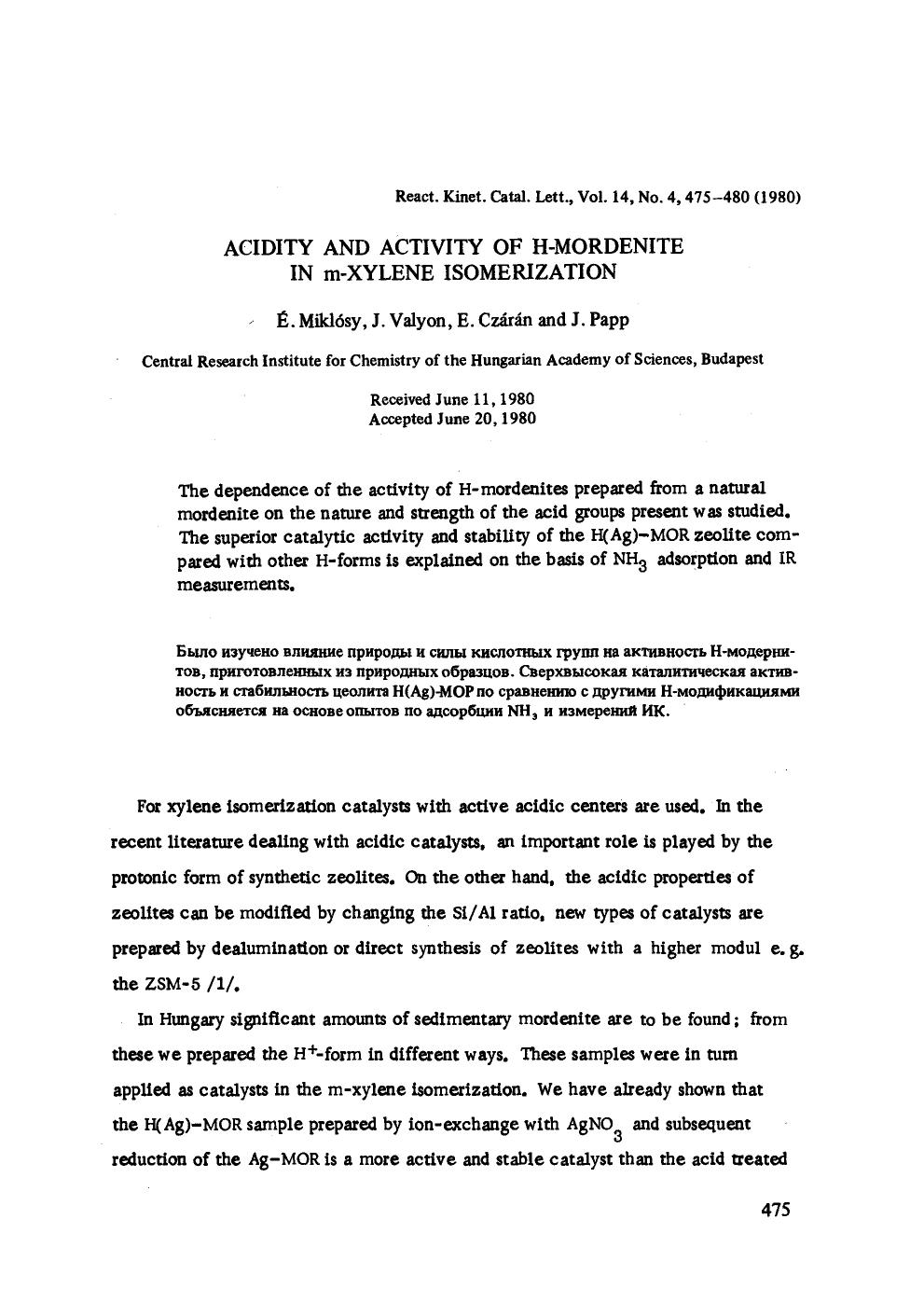 Acidity and activity of H-mordenite in m-xylene isomerization by Unknown