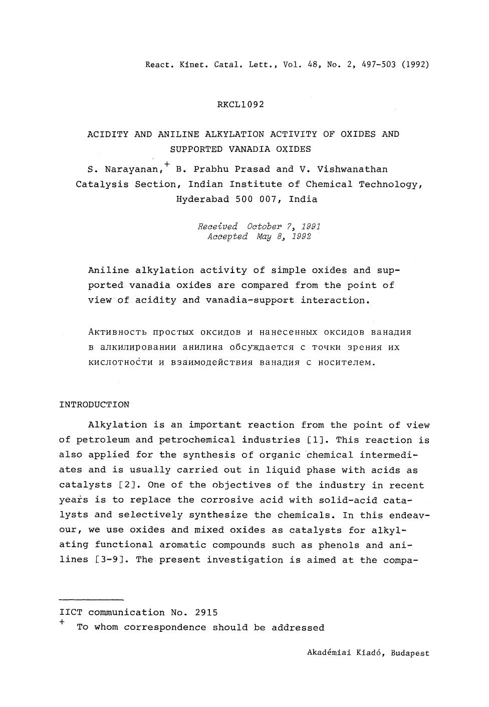 Acidity and aniline alkylation activity of oxides and supported vanadia oxides by Unknown