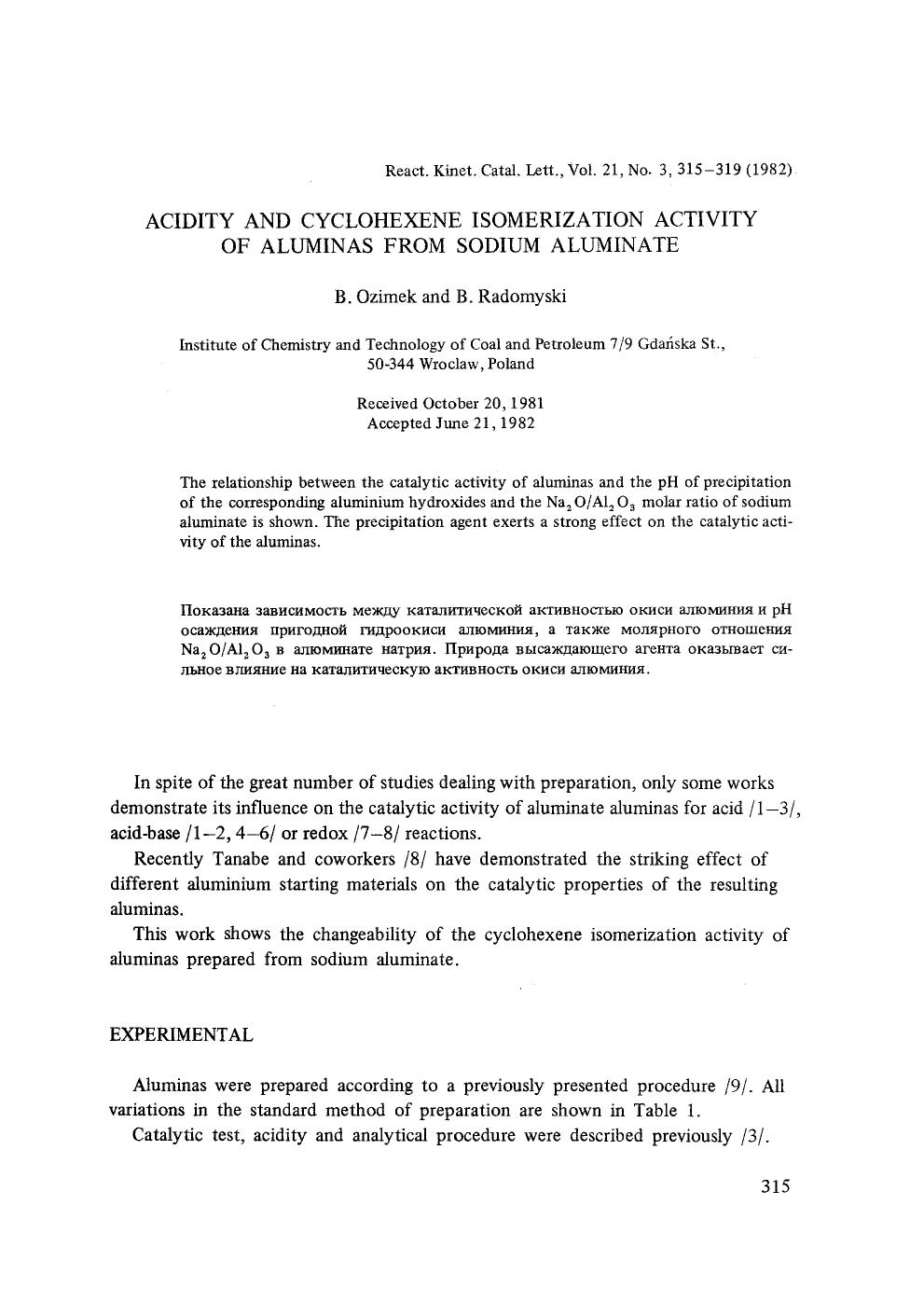 Acidity and cyclohexene isomerization activity of aluminas from sodium aluminate by Unknown