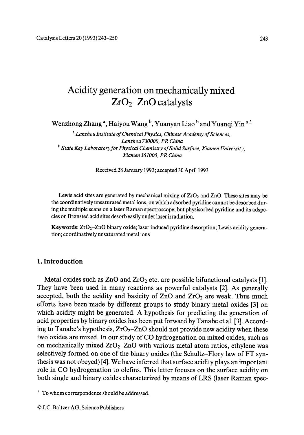 Acidity generation on mechanically mixed ZrO <Subscript>2 <Subscript>-ZnO catalysts by Unknown