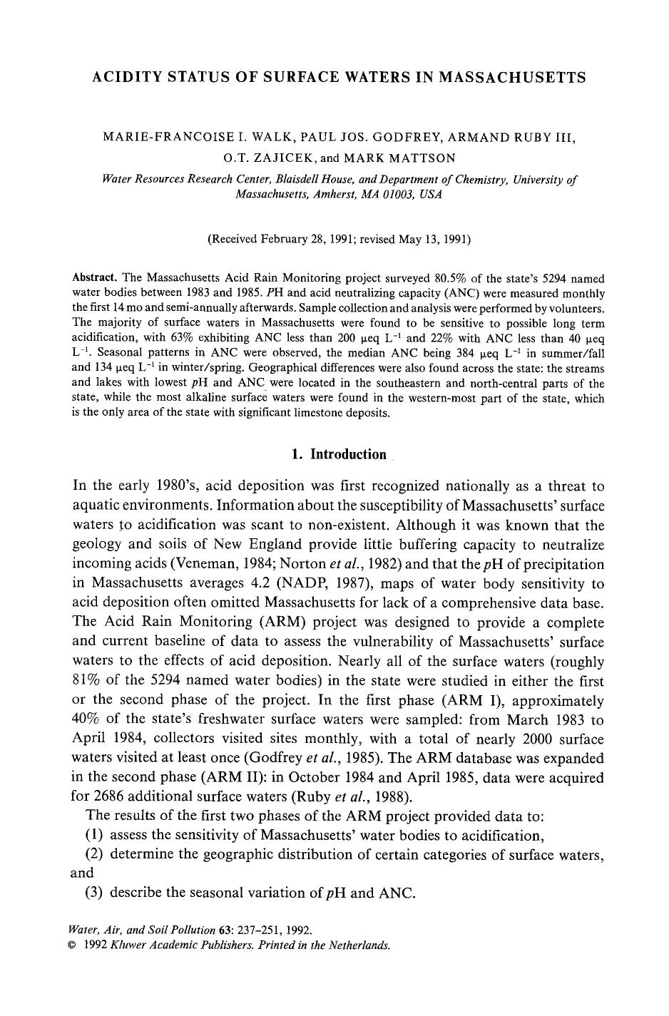 Acidity status of surface waters in Massachusetts by Unknown