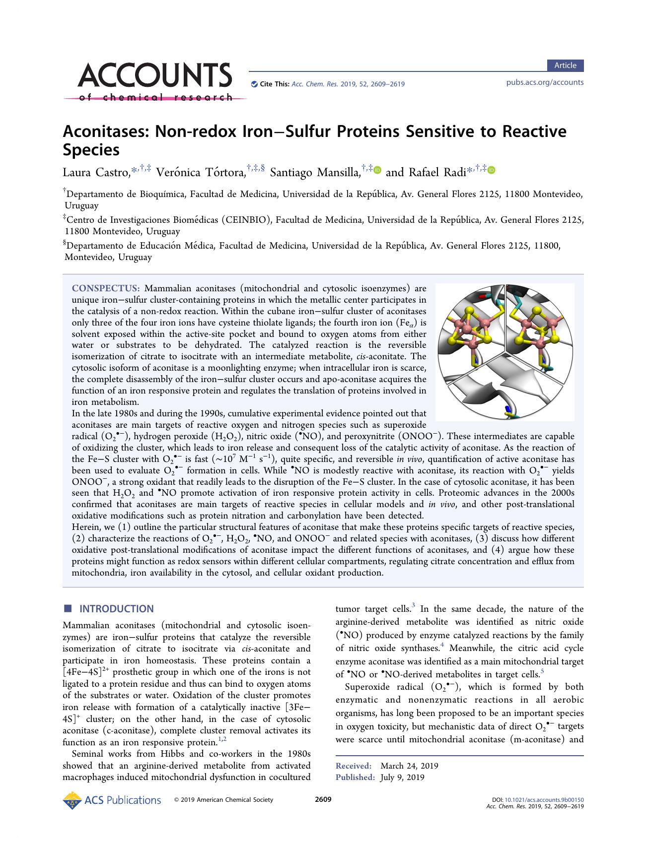Aconitases: Non-redox IronâSulfur Proteins Sensitive to Reactive Species by unknow