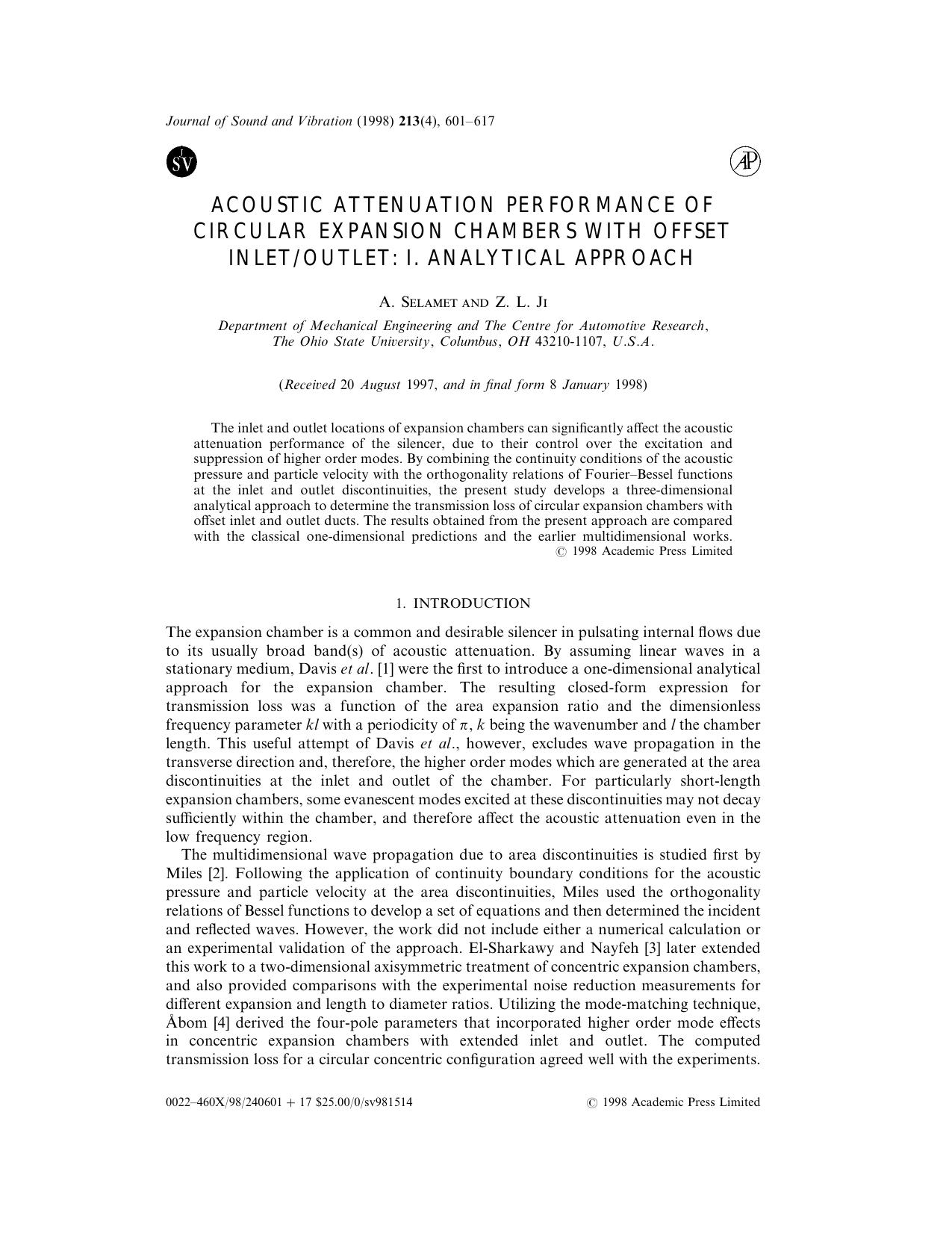 Acoustic Attenuation Performance of Circular Expansion Chambers with Offset InletOutlet: I. Analytical Approach by Selamet A. & Ji Z. L