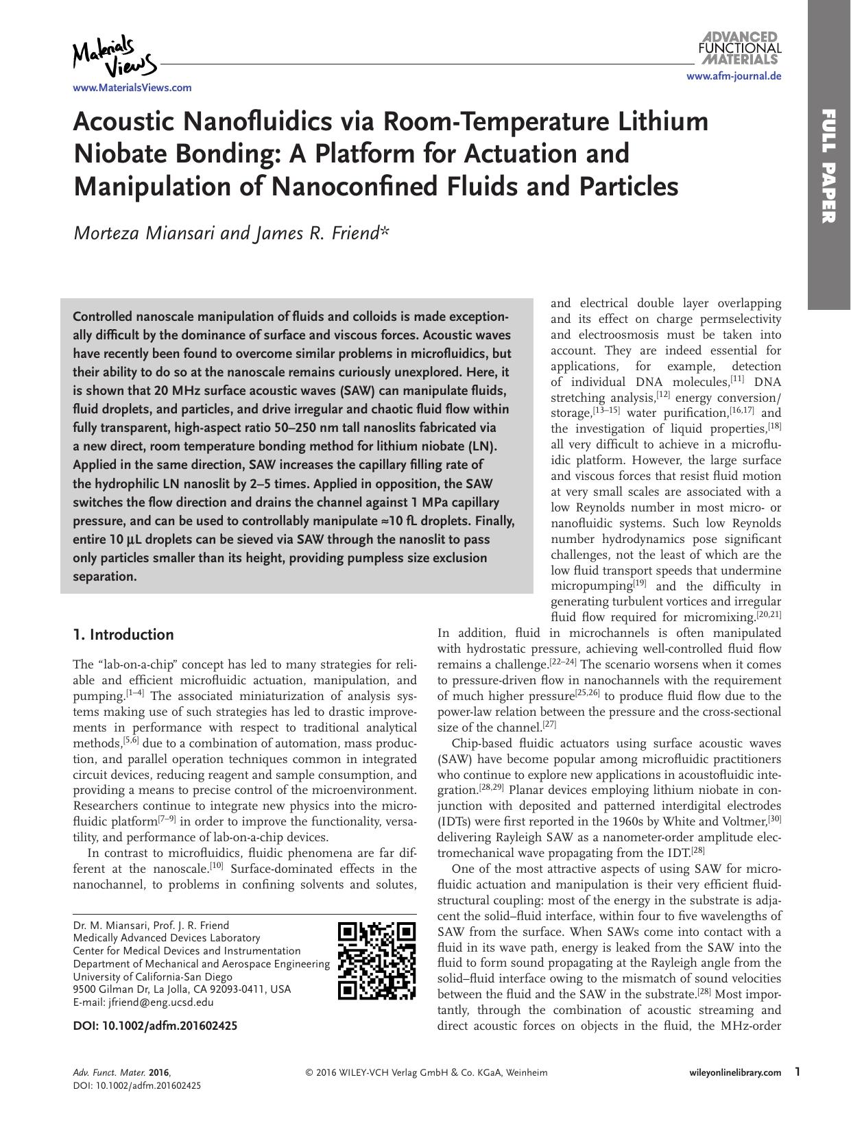 Acoustic Nanofluidics via Room&#x02010;Temperature Lithium Niobate Bonding: A Platform for Actuation and Manipulation of Nanoconfined Fluids and Particles by Unknown