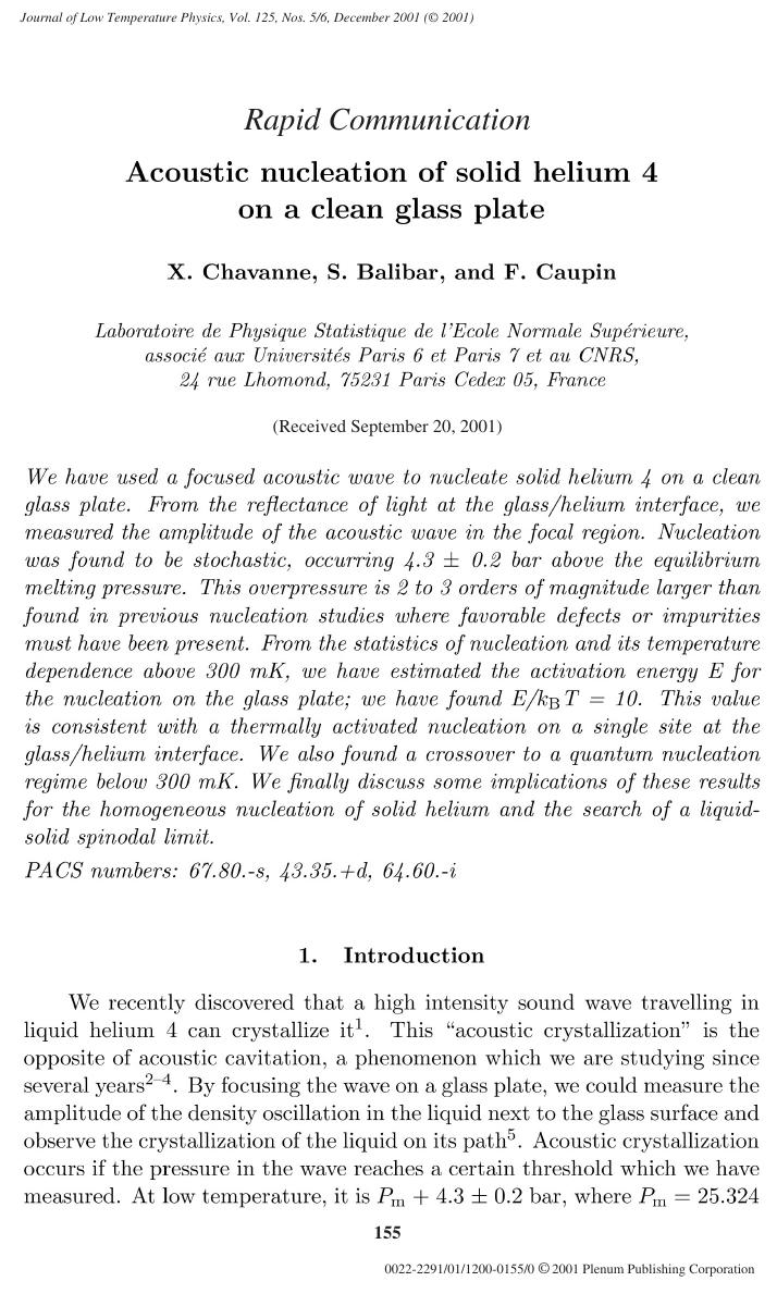Acoustic Nucleation of Solid Helium 4 on a Clean Glass Plate by Unknown