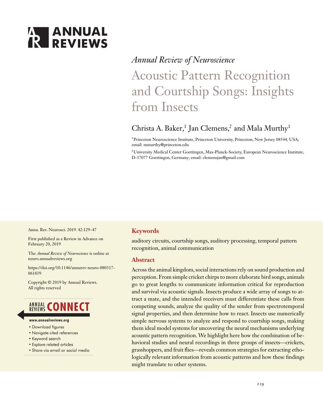 Acoustic Pattern Recognition and Courtship Songs: Insights from Insects by Christa A. Baker Jan Clemens Mala Murthy