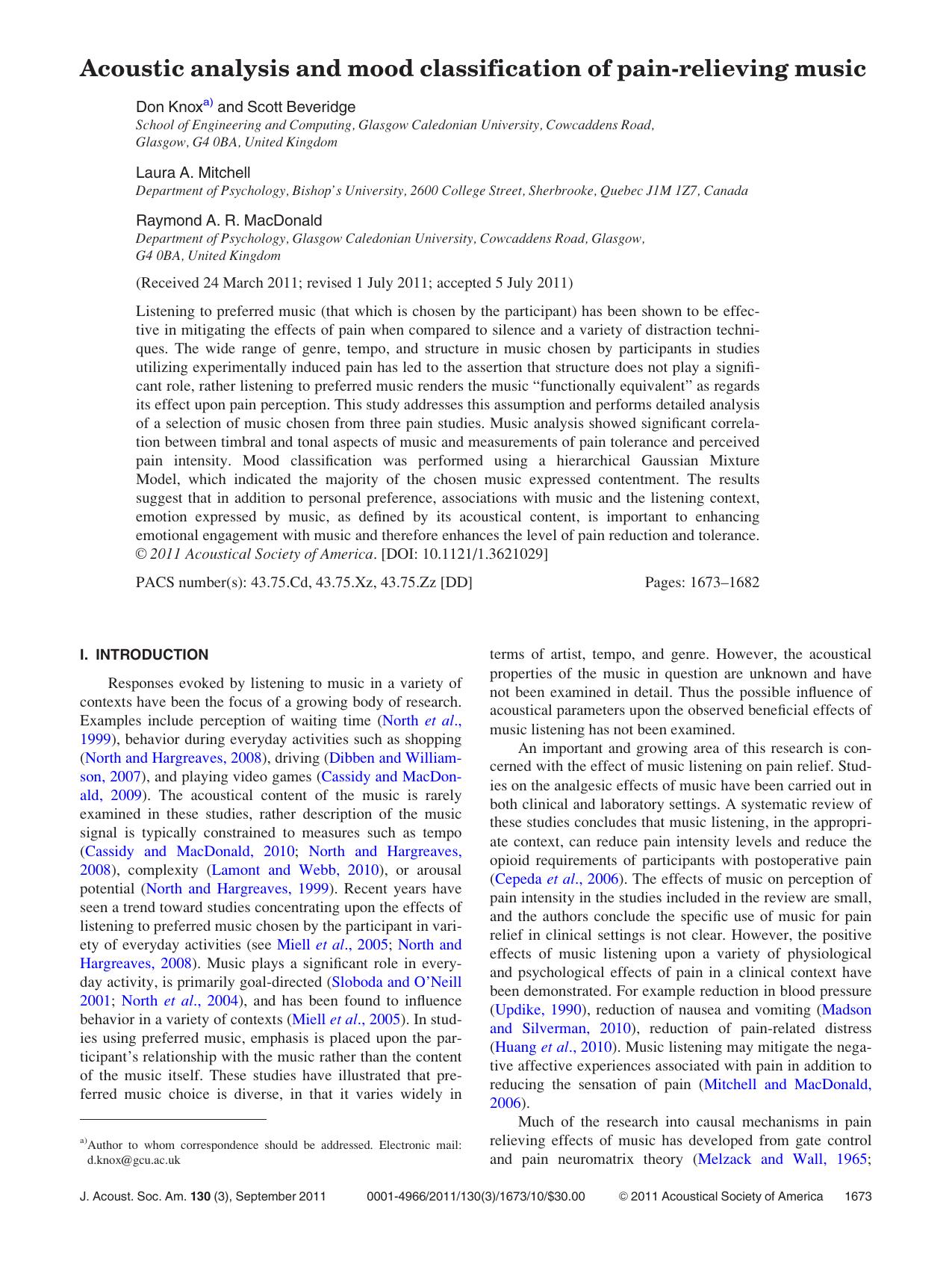 Acoustic analysis and mood classification of pain-relieving music by Don Knox Scott Beveridge Laura A. Mitchell and Raymond A. R. MacDonald