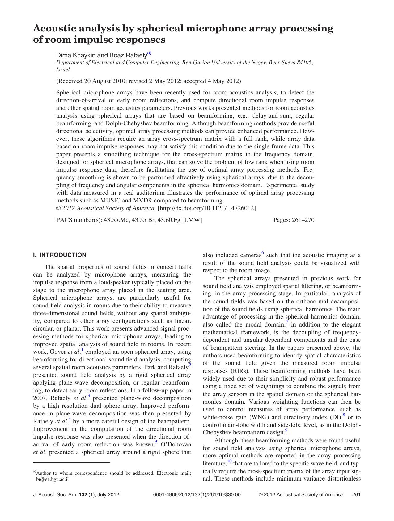 Acoustic analysis by spherical microphone array processing of room impulse responses by Dima Khaykin and Boaz Rafaelya)