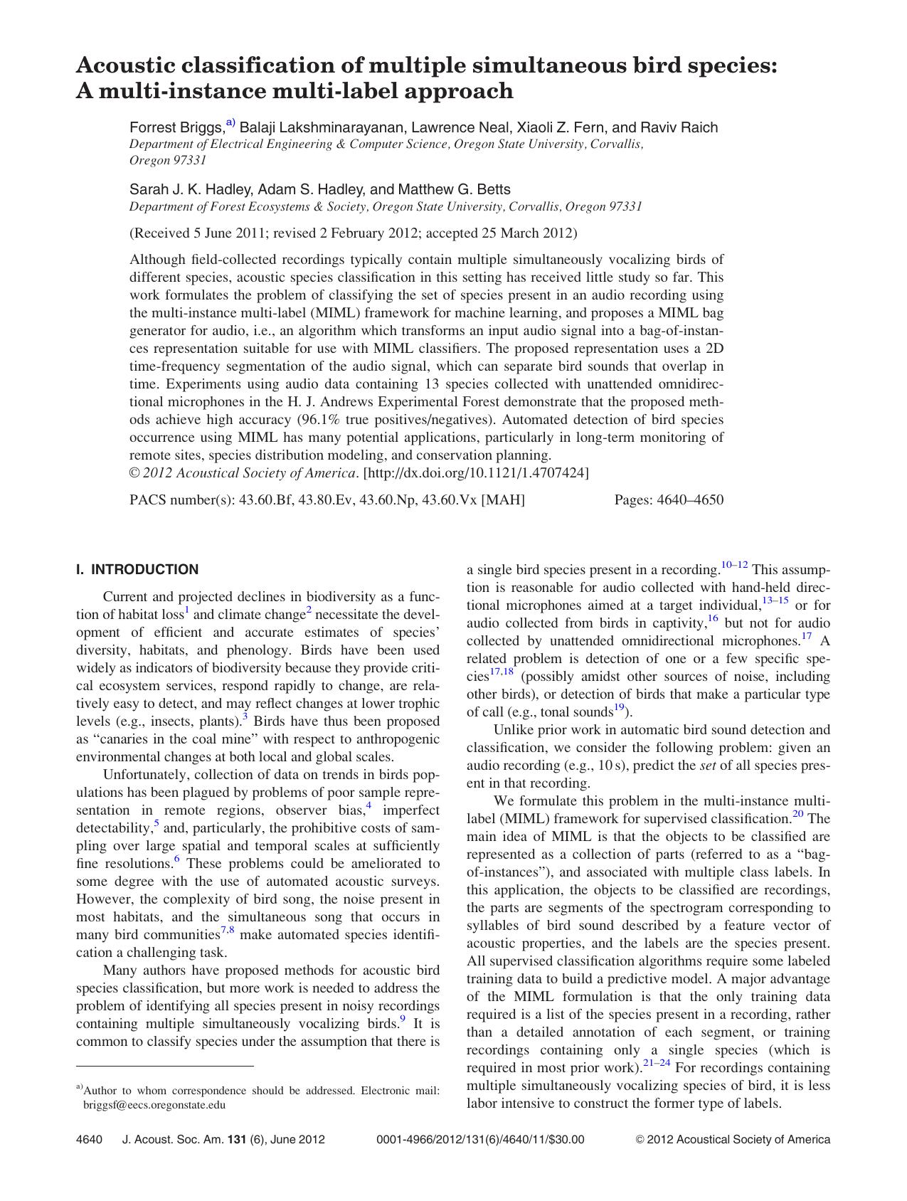 Acoustic classification of multiple simultaneous bird species: A multi-instance multi-label approach by unknow