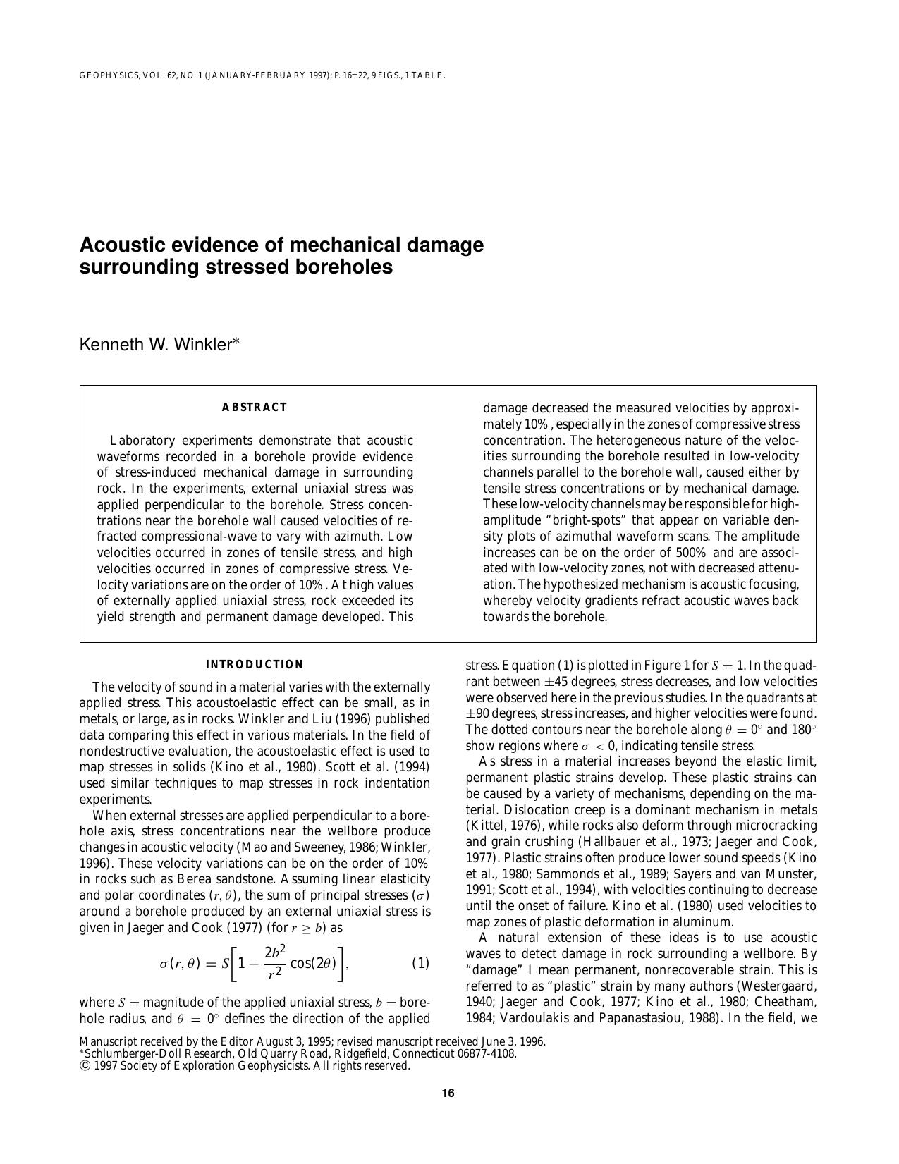 Acoustic evidence of mechanical damage surrounding stressed boreholes by K. W. Winkler