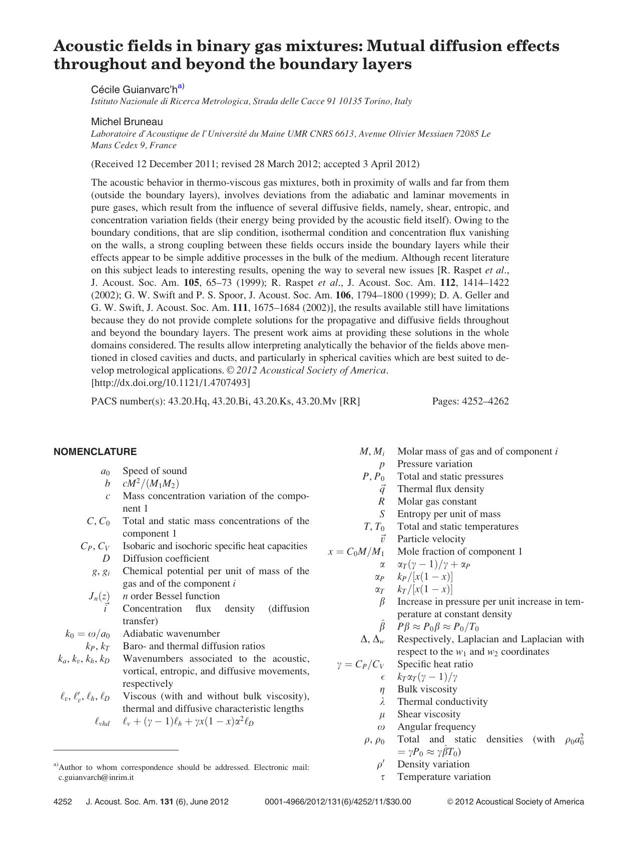 Acoustic fields in binary gas mixtures: Mutual diffusion effects throughout and beyond the boundary layers by Ce´ cile Guianvarc’ha) Michel Bruneau